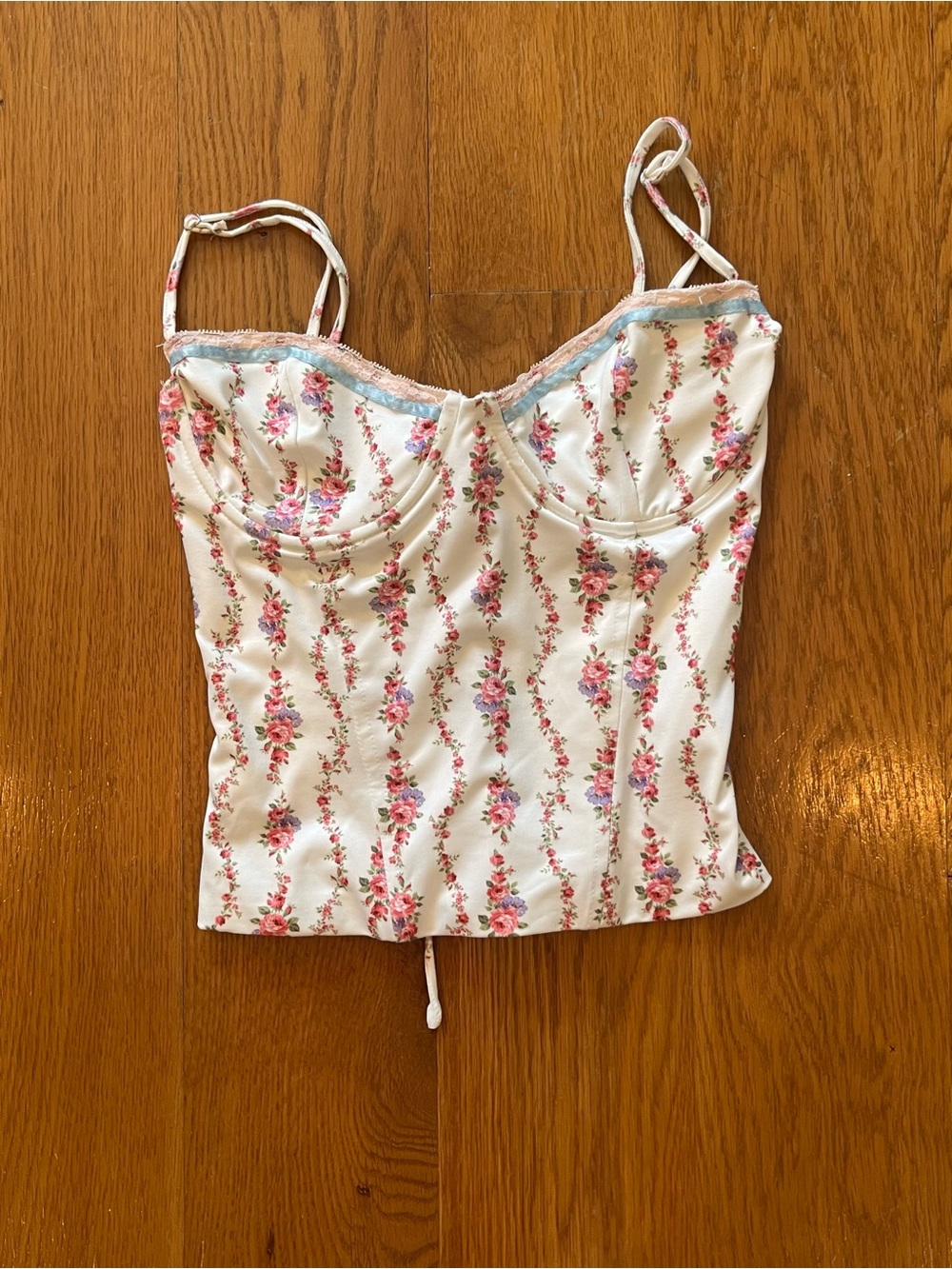 Floral Lace-Trim White & Pink Corseted Cami Top